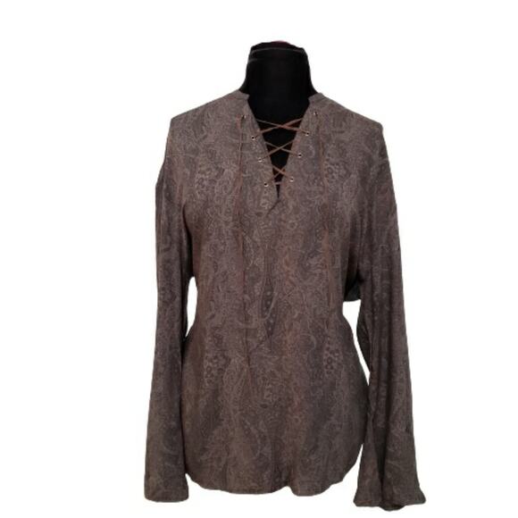 Asos Brown Bell Sleeve V Neck Suede Tie Damask Tunic Small - Picture 1 of 9